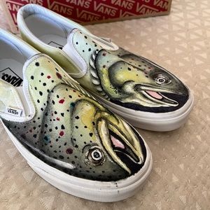 Custom Hand Painted Trout Vans Classic Slip-On. US Size 9 Mens/Size 10.5 Women